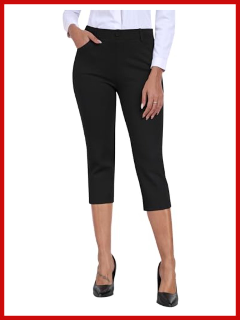 Stretch Capri Pants With Pockets Elastic Waist Pull-On Cropped Dress Pants